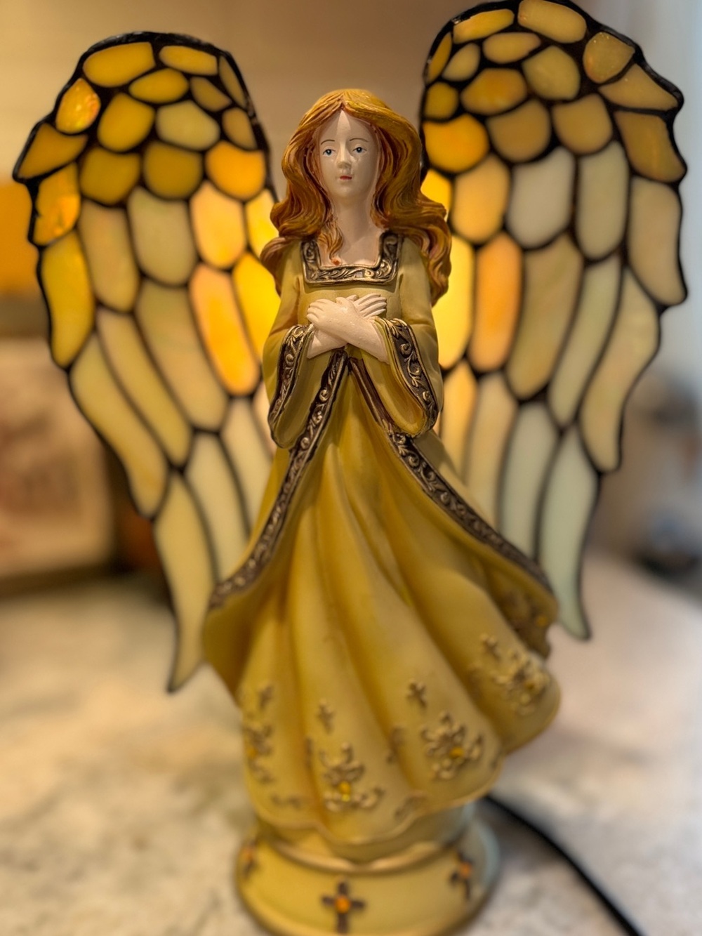 Vintage Yellow Angel Figurine with Stained Glass Wings